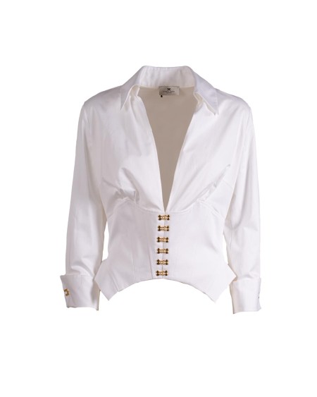 Shop ELISABETTA FRANCHI  Camicia: Elisabetta Franchi camicia in cotone stretch con ganci gioiello.
Vestibilità slim. 
Colletto con scollo a V e maniche ¾ impreziosite da gemelli con logo. 
Costruzione a bustier. 
Composizione: 69%Cotone 25%Lyocell 06%Elastane.
Fabbricato in Italia.. CA06057E2-100